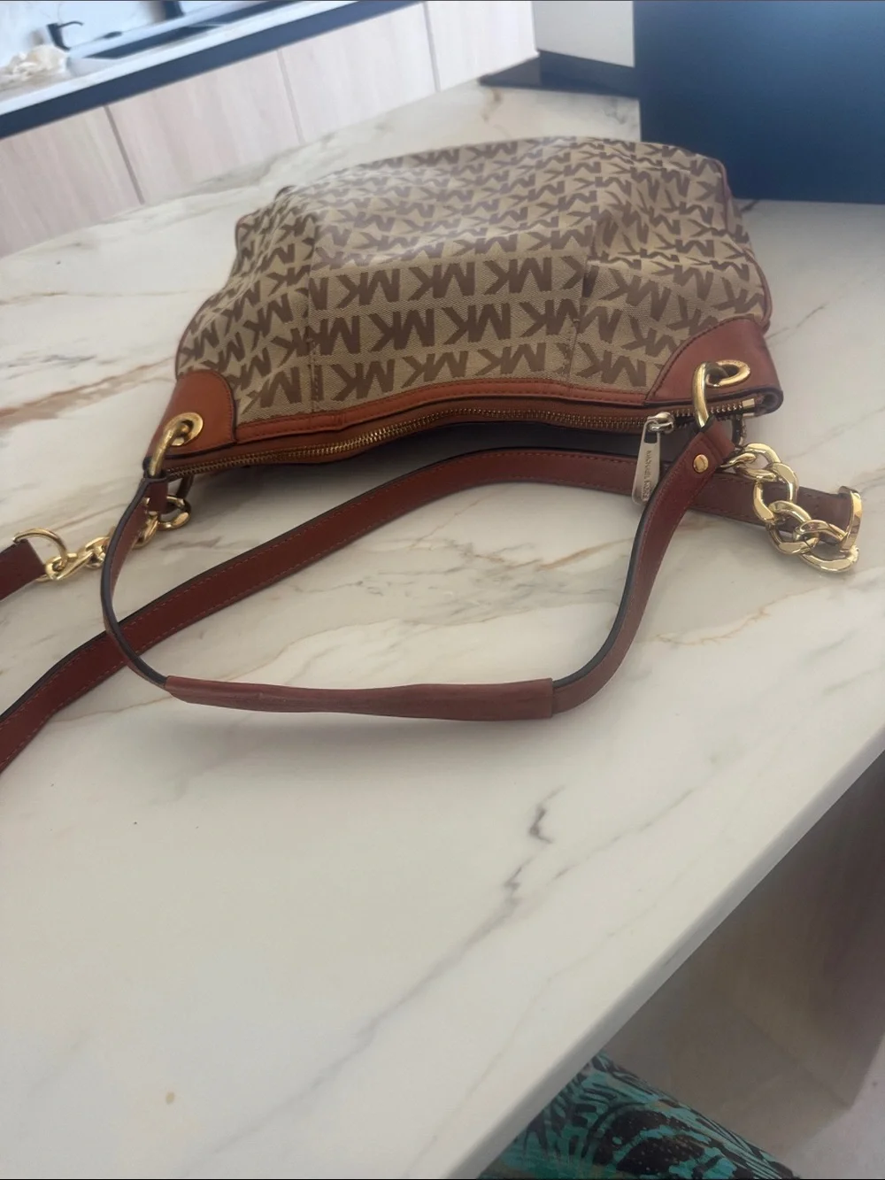 Michael Kors Beige and Brown MK Monogram Crossbody Bag